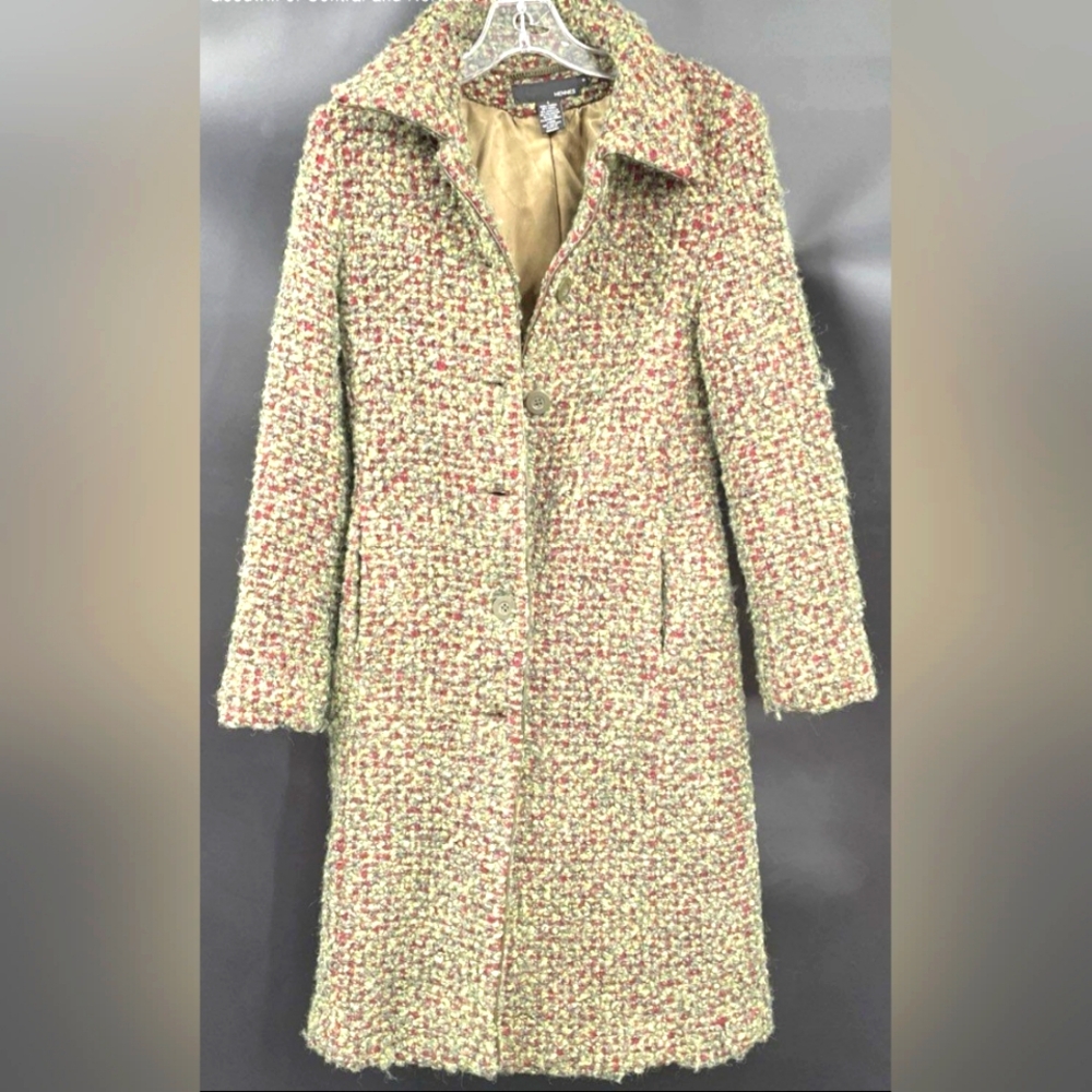 Hennes Designer Tweed Wool Green Red Teddy Pea Coat Jacket with Notched Lapel 4